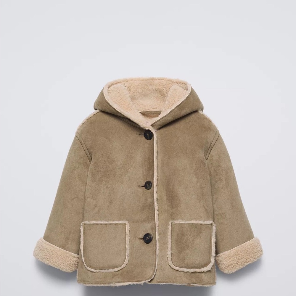 Zara Kids Taupe Hooded Shearling-Trim Pea Coat